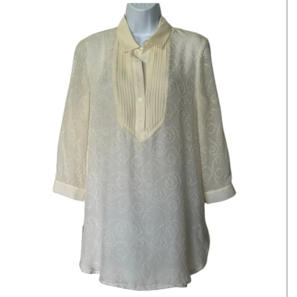 J. McLaughlin Colette silk tunic cream pintuck Swiss dot 3/4 sleeves Size S - Picture 10 of 12